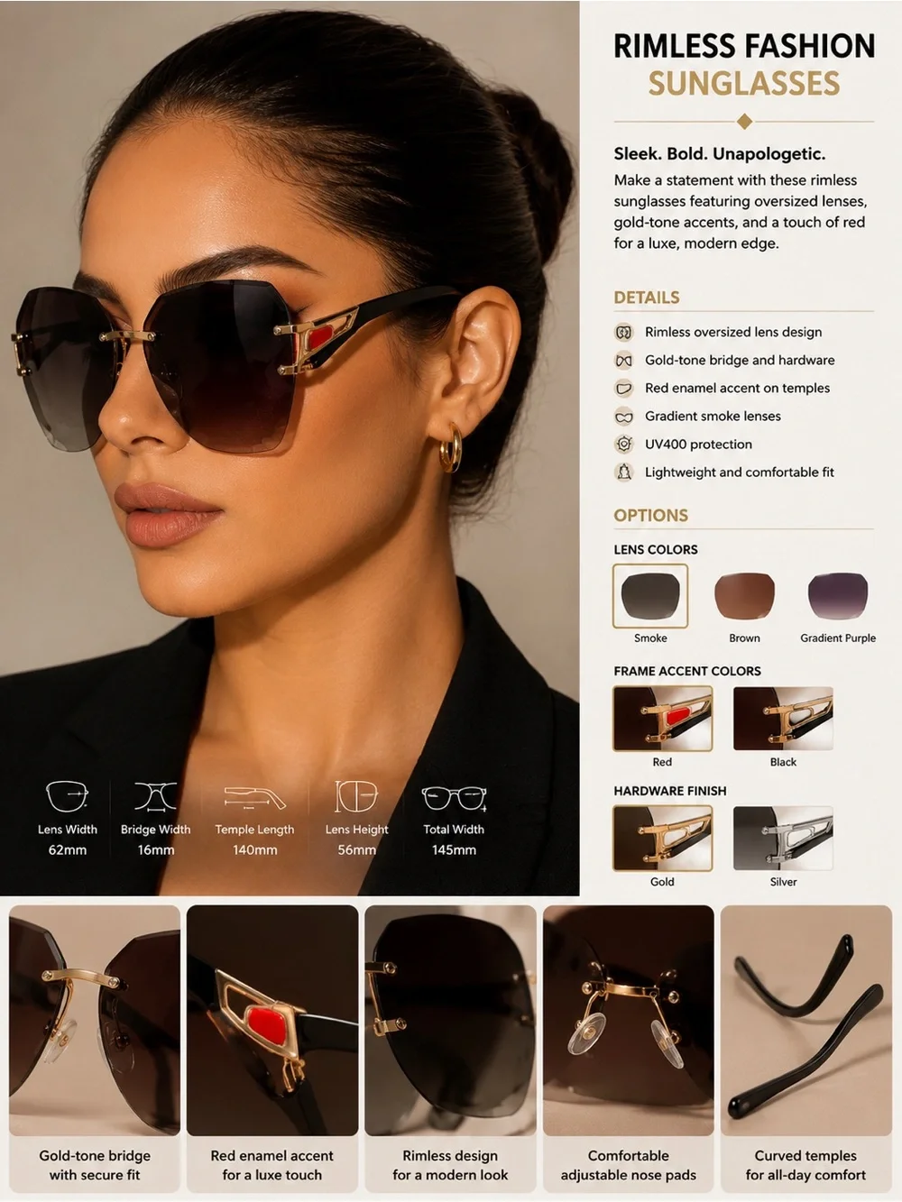 adidas Oversized Black Gradient Sunglasses with Gold Accents